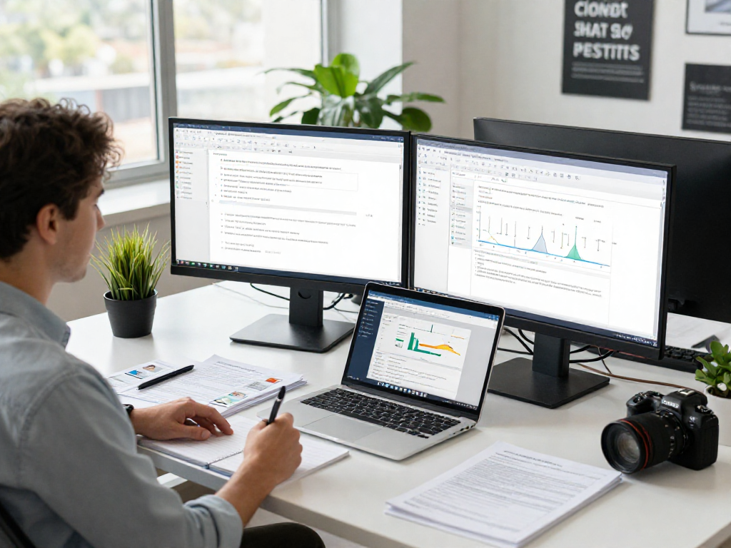 Data analyst focused on document fraud detection with analytical tools in a modern workspace.