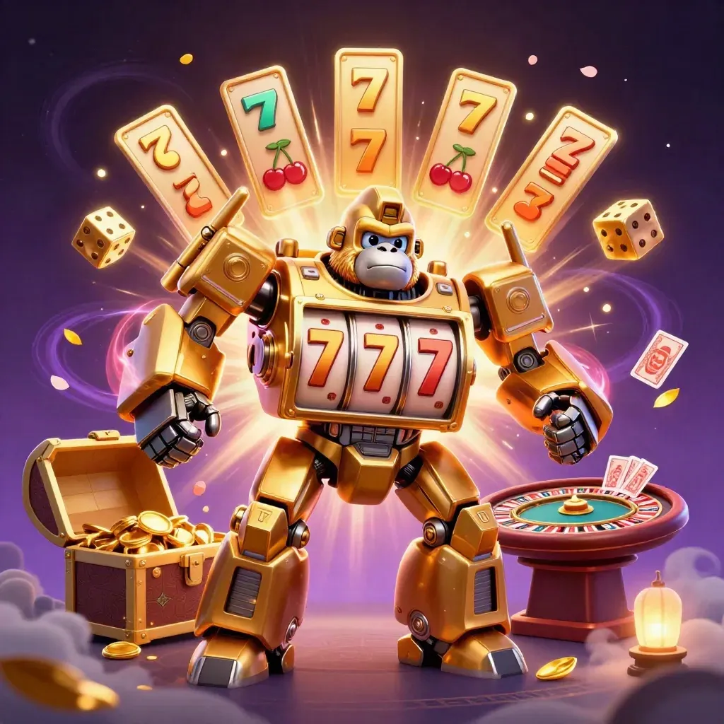 Golden gorilla slot-mech with tiny monkey pilot amid casino magic, treasure, and sparks