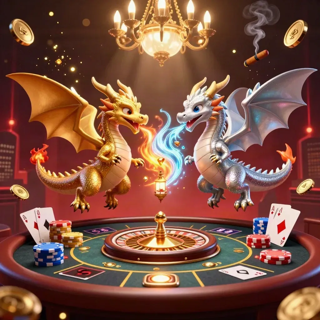 Twin gold and silver dragons spiral in a luxury casino with coins, gems, and a glowing roulette wheel.