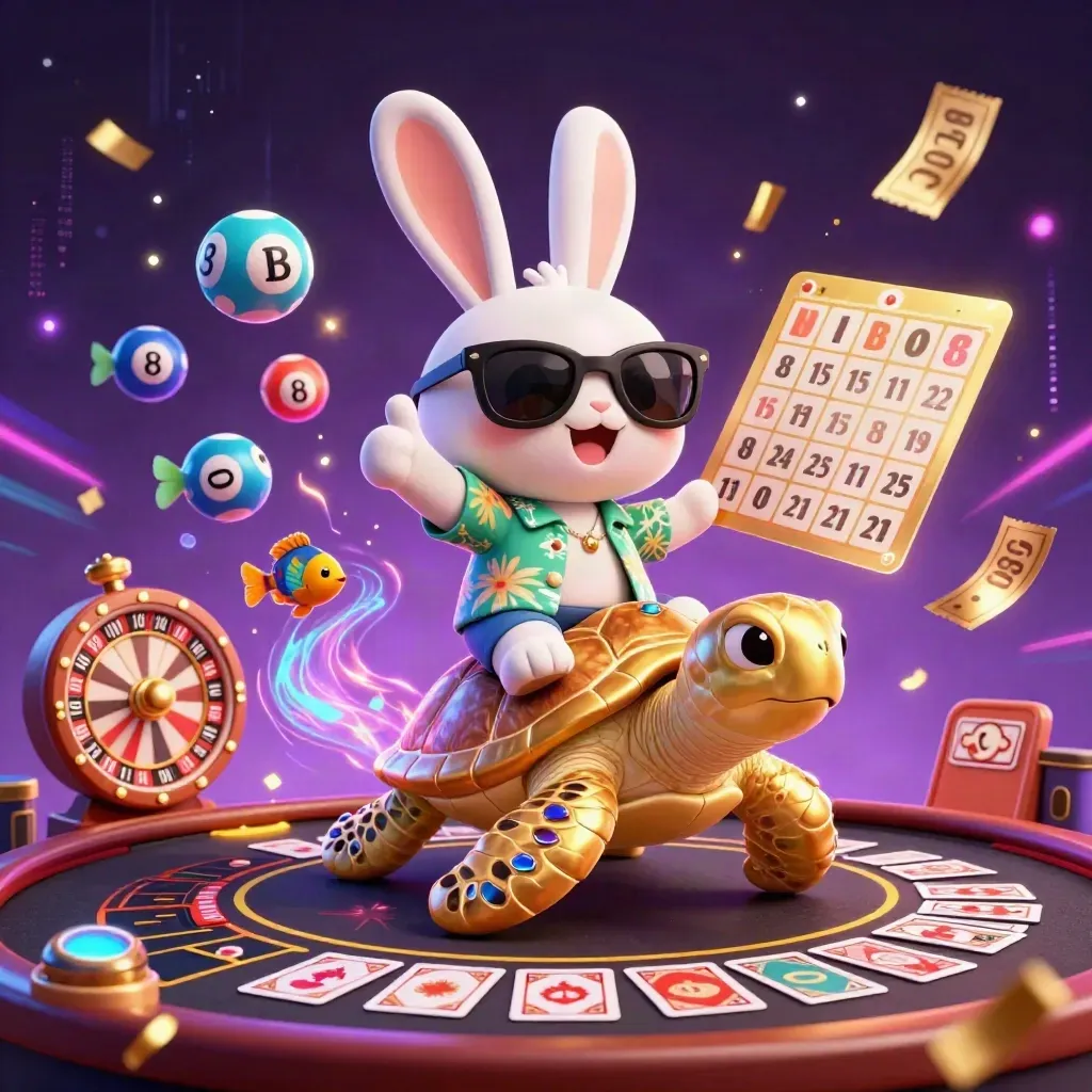 Lucky rabbit rides a gem-shell sea turtle amid casino props and neon energy.