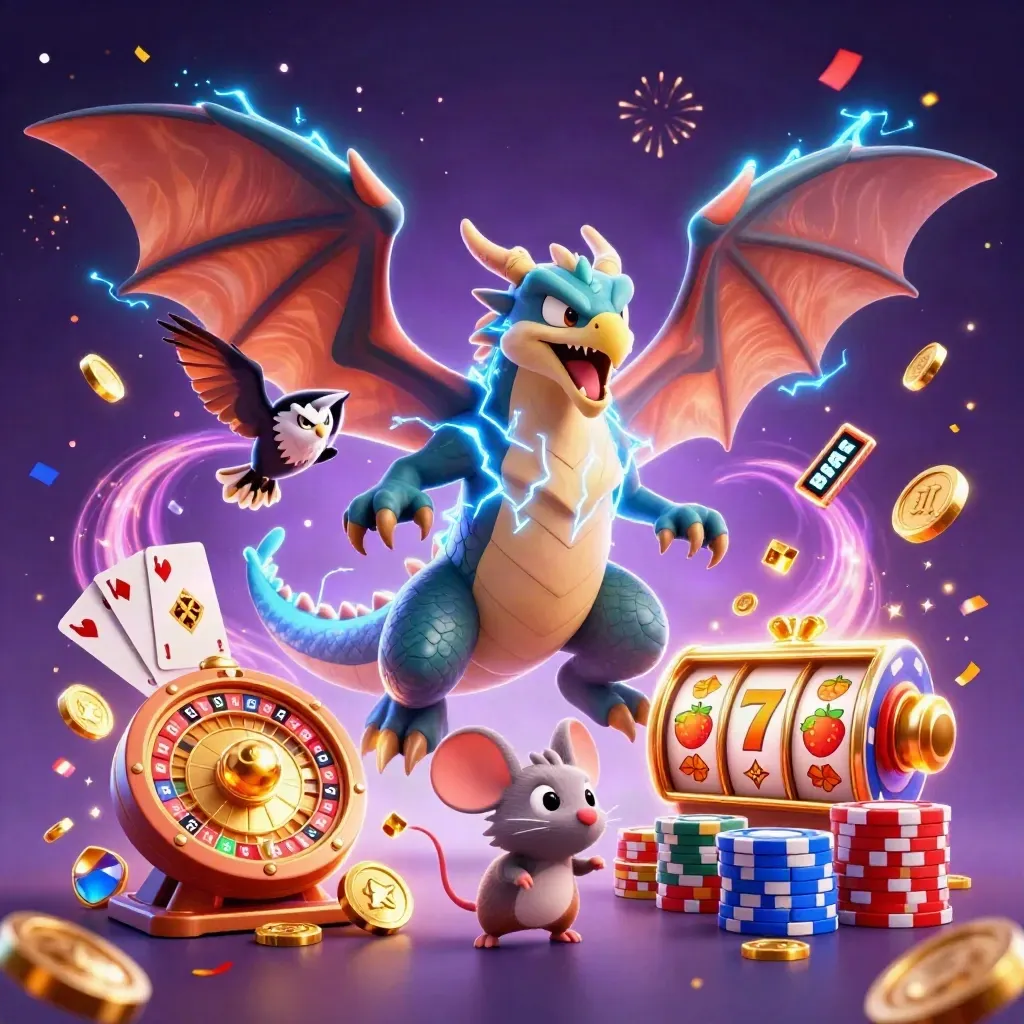 Thunder dragon, wind hawk, and static mouse amid casino explosions on a dark neon purple sky