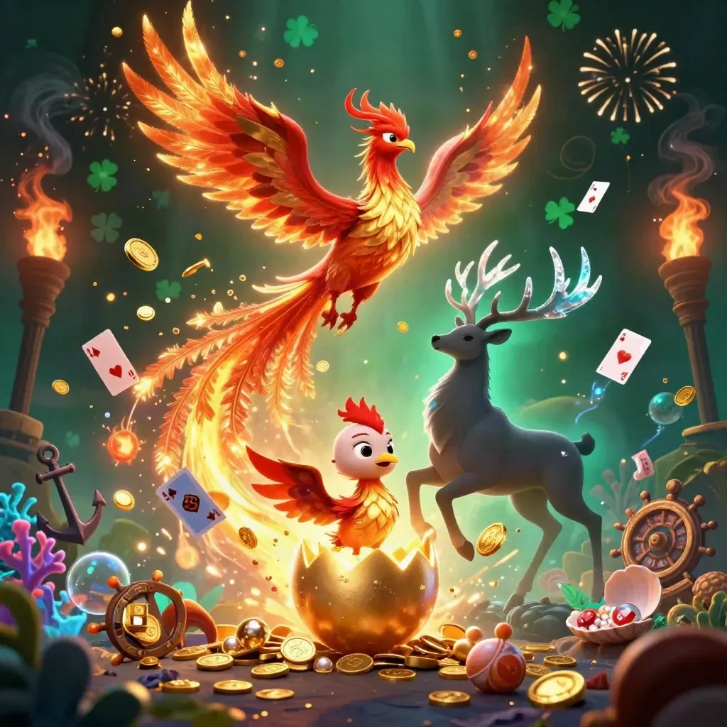 Fire phoenix, baby phoenix, and crystal stag amid coins, coral, cards, and fireworks