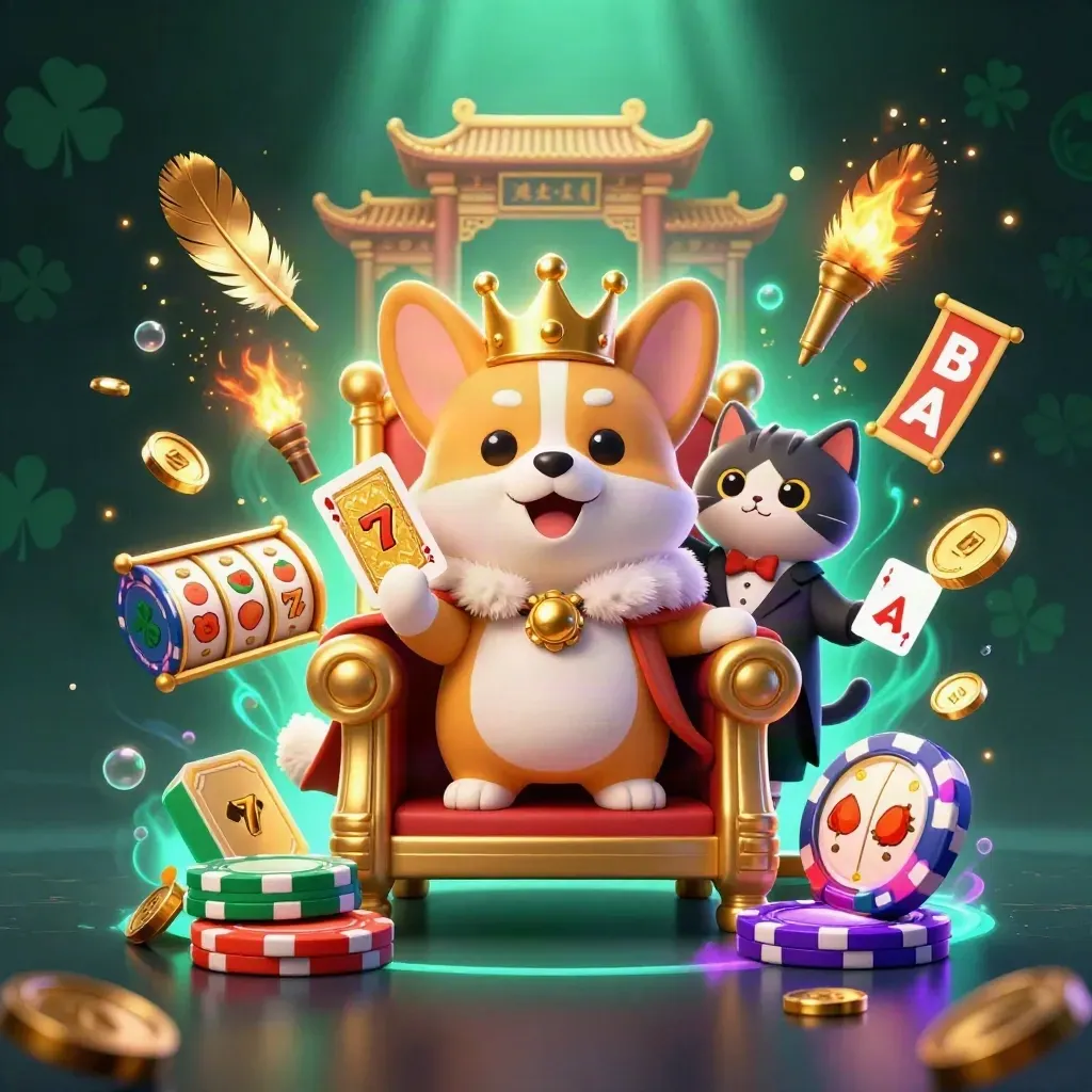 Royal corgi on poker-chip throne with cat butler, casino relics, neon glow